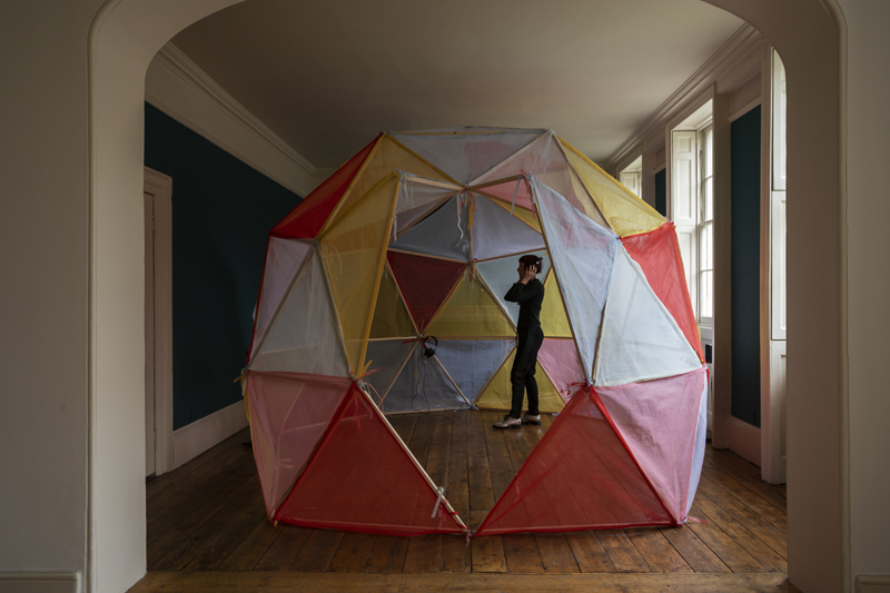 Manifesto for an Architecture of Atmospheres 2020 Sound, 
			wood, organdie cotton, geodesic hubs Dimensions variable Installation 
			view by Oskar Proctor